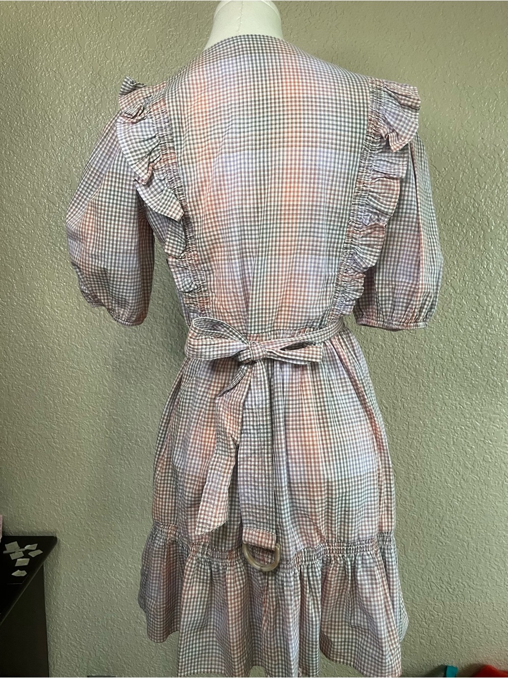 Storia Pastel Pink & Light Blue Gingham Wrap Ruffle Mini Dress - Picture 3 of 6
